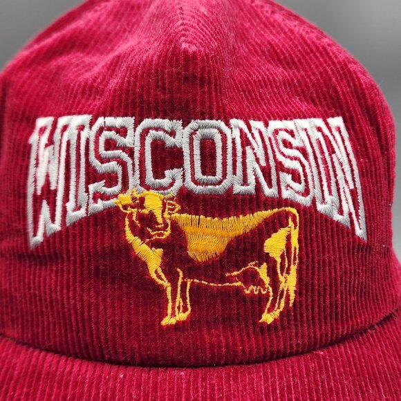 Vintage Wisconsin Corduroy Snapback Hat Red Gold Cow Made in USA - Picture 2 of 10